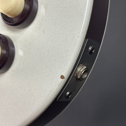 Chip near output jack of Used Danelectro Double Neck 6/12 White.
