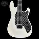 White electric guitar with carbon fiber pattern on a black background, featuring 'Tone Shop' logo.