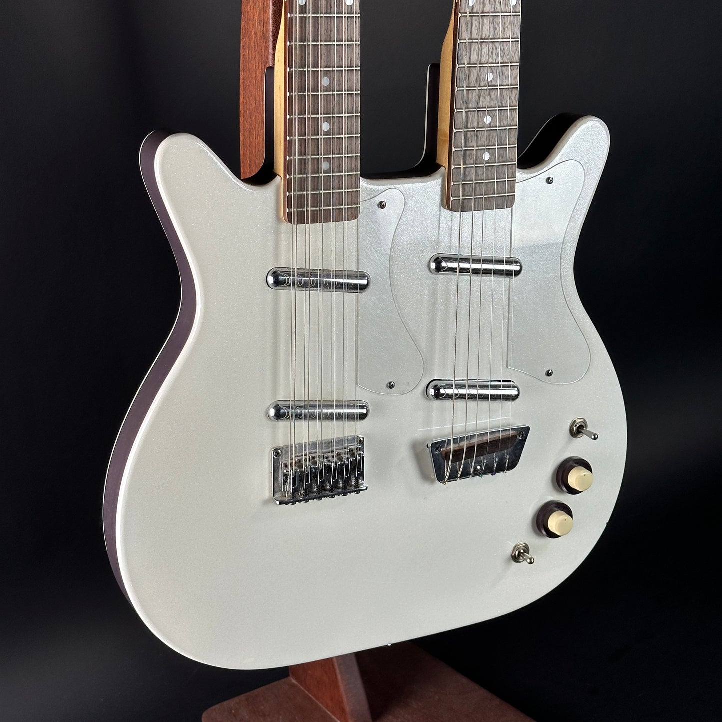 Front angle of Used Danelectro Double Neck 6/12 White.