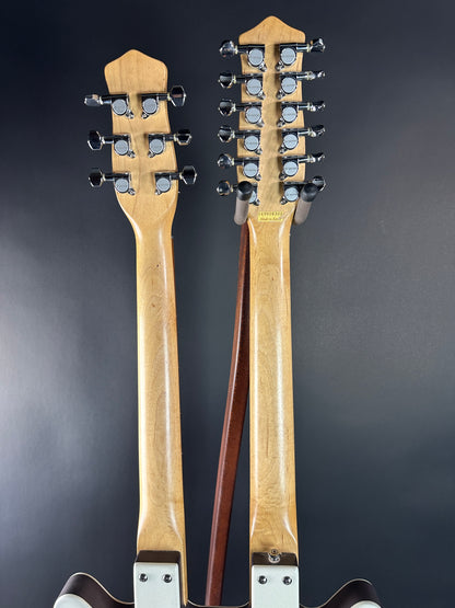 Back of necks of Used Danelectro Double Neck 6/12 White.