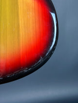 Wear on bottom edge of Vintage 1974 Fender Mustang 3 Color Sunburst.