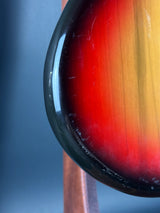 Wear on back edge of Vintage 1974 Fender Mustang 3 Color Sunburst.