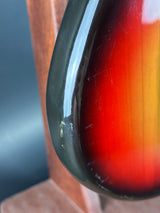 Wear on back edge of Vintage 1974 Fender Mustang 3 Color Sunburst.