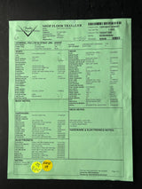 A light green Fender Shop Floor Traveler inventory sheet for a F2S LTD 60 Strat Jnr - ARDP, showing detailed product specifications, notes, and a yellow price sticker on a dark background.