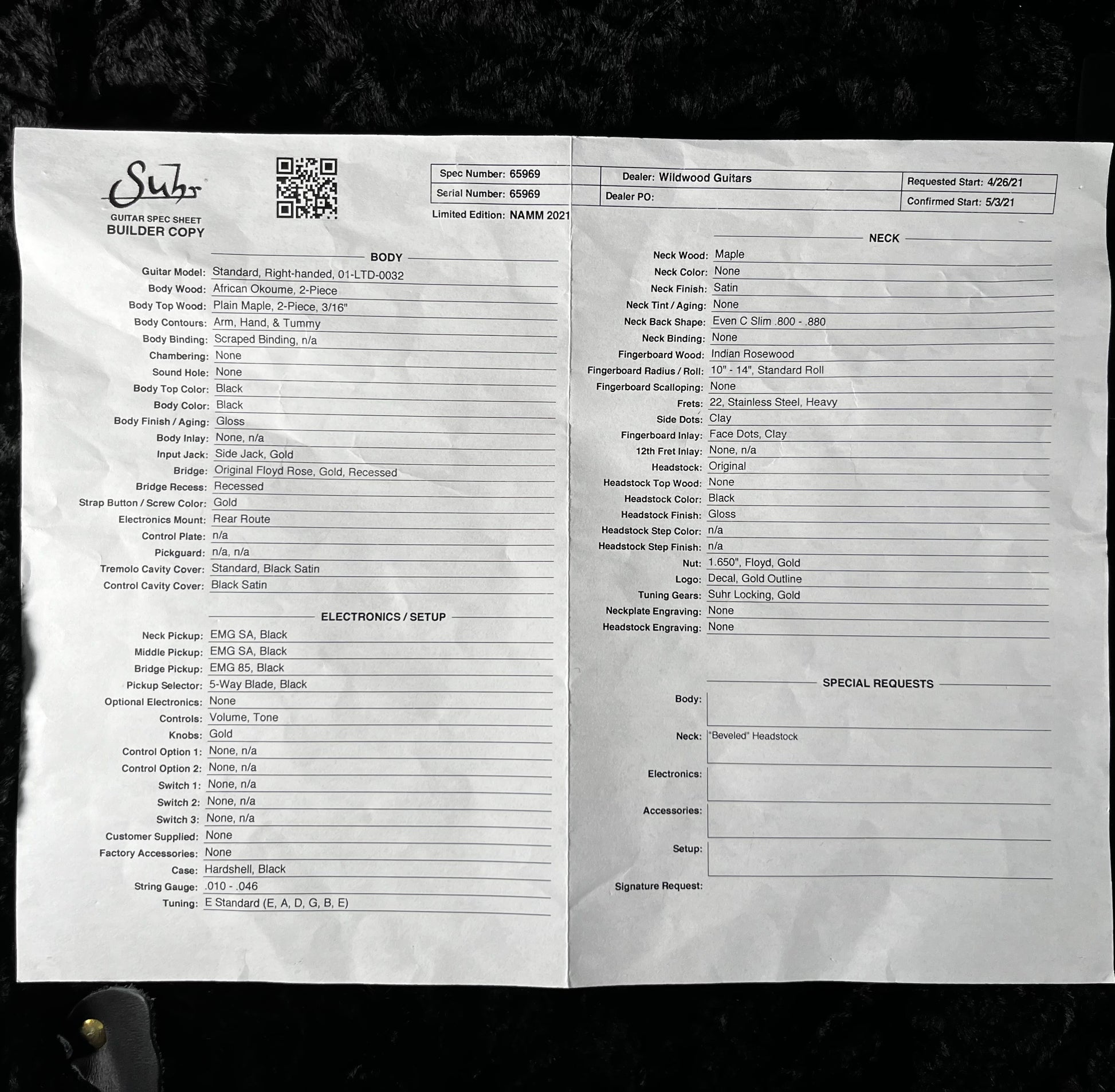 Spec sheet of Used 2021 Suhr Standard Legacy 01-LTD-0032 Black w/Case TFW2650