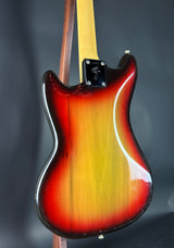 Back angle of Vintage 1974 Fender Mustang 3 Color Sunburst.
