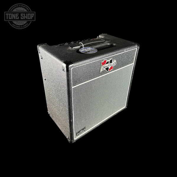 Guitar amplifier with a brand logo on a black background