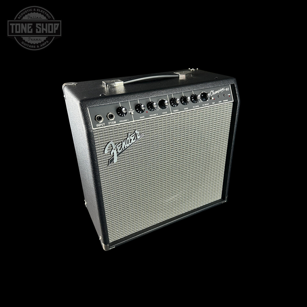 Fender guitar amplifier on a black background with 'Tone Shop' logo.