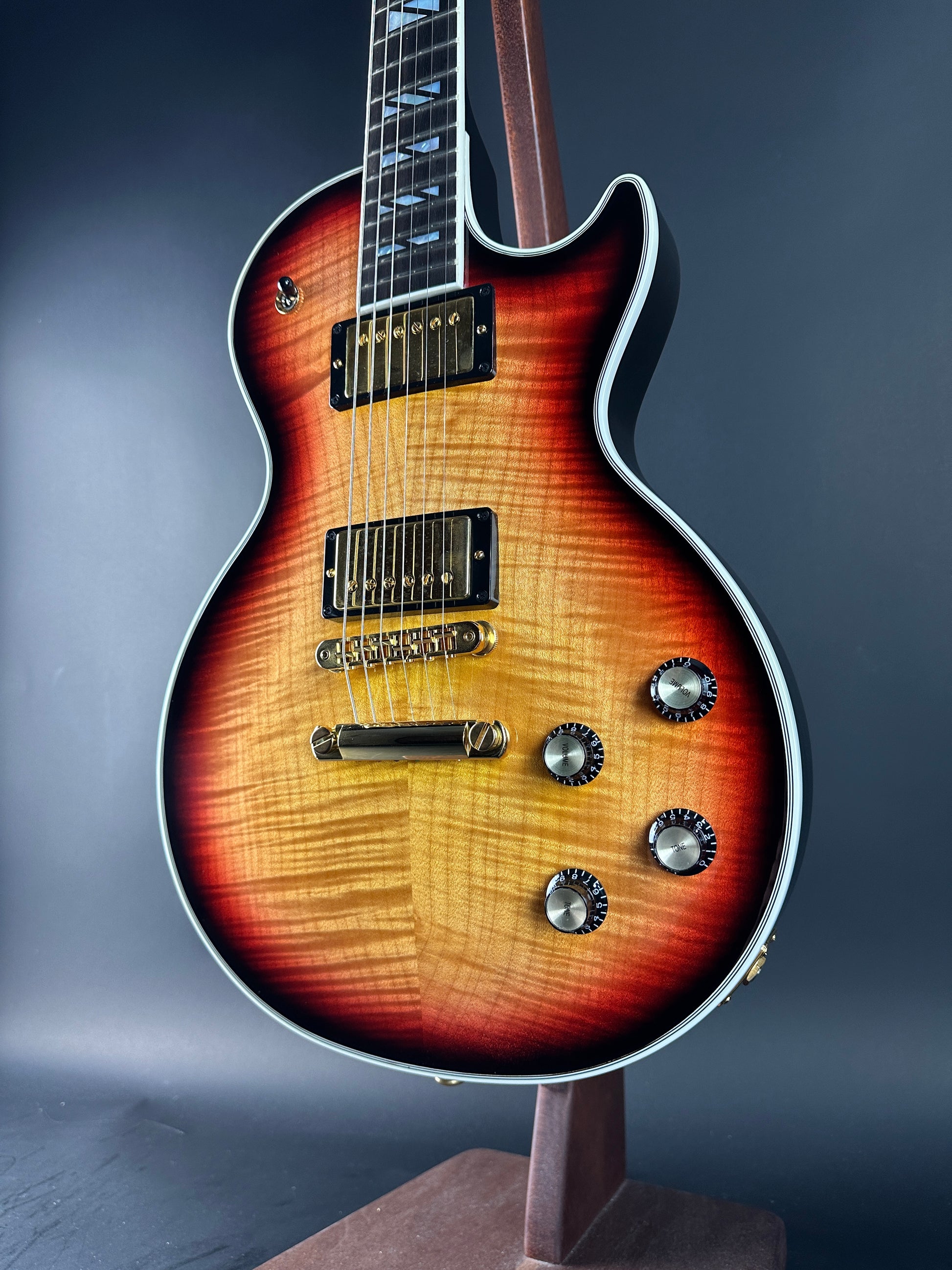 Front angle of Used Gibson Les Paul Supreme Fireburst.