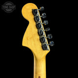 Back of headstock of Vintage 1979 Fender Stratocaster Hardtail Sunburst w/non-original case.