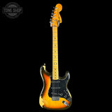 Full front of Vintage 1979 Fender Stratocaster Hardtail Sunburst w/non-original case.