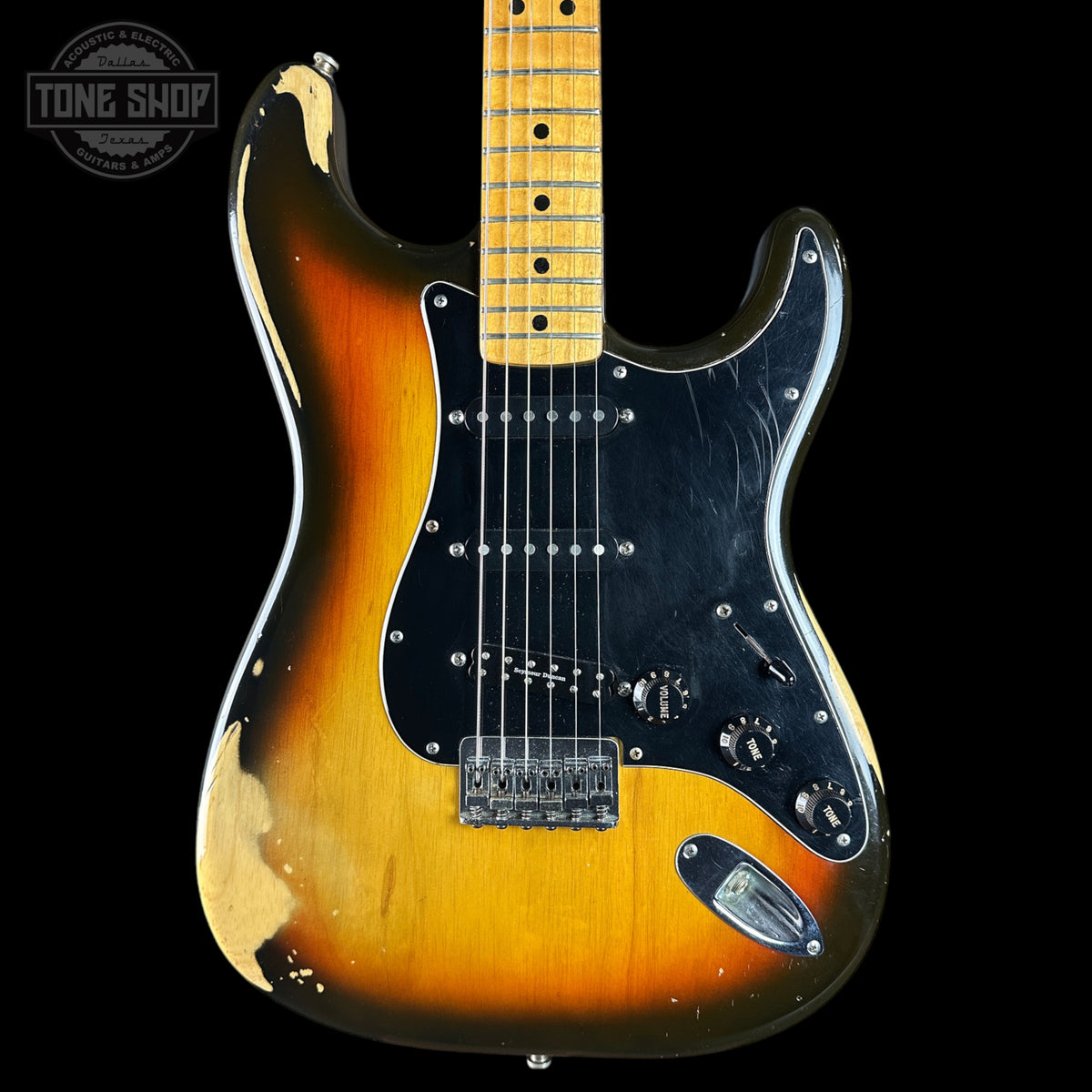 Front of Vintage 1979 Fender Stratocaster Hardtail Sunburst w/non-original case.
