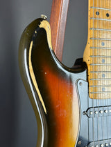 Wear on body of Vintage 1979 Fender Stratocaster Hardtail Sunburst w/non-original case.