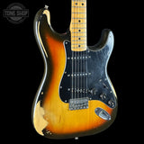 Front angle of Vintage 1979 Fender Stratocaster Hardtail Sunburst w/non-original case.