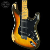 Front angle of Vintage 1979 Fender Stratocaster Hardtail Sunburst w/non-original case.
