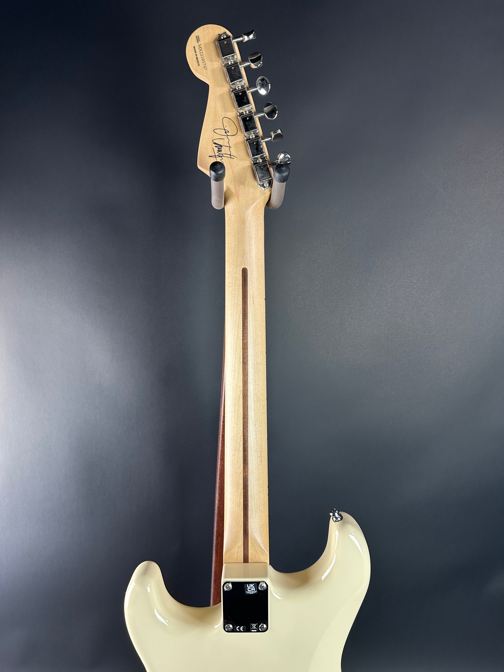 Back of neck of Used Fender Jimmy Vaughan Strat White.