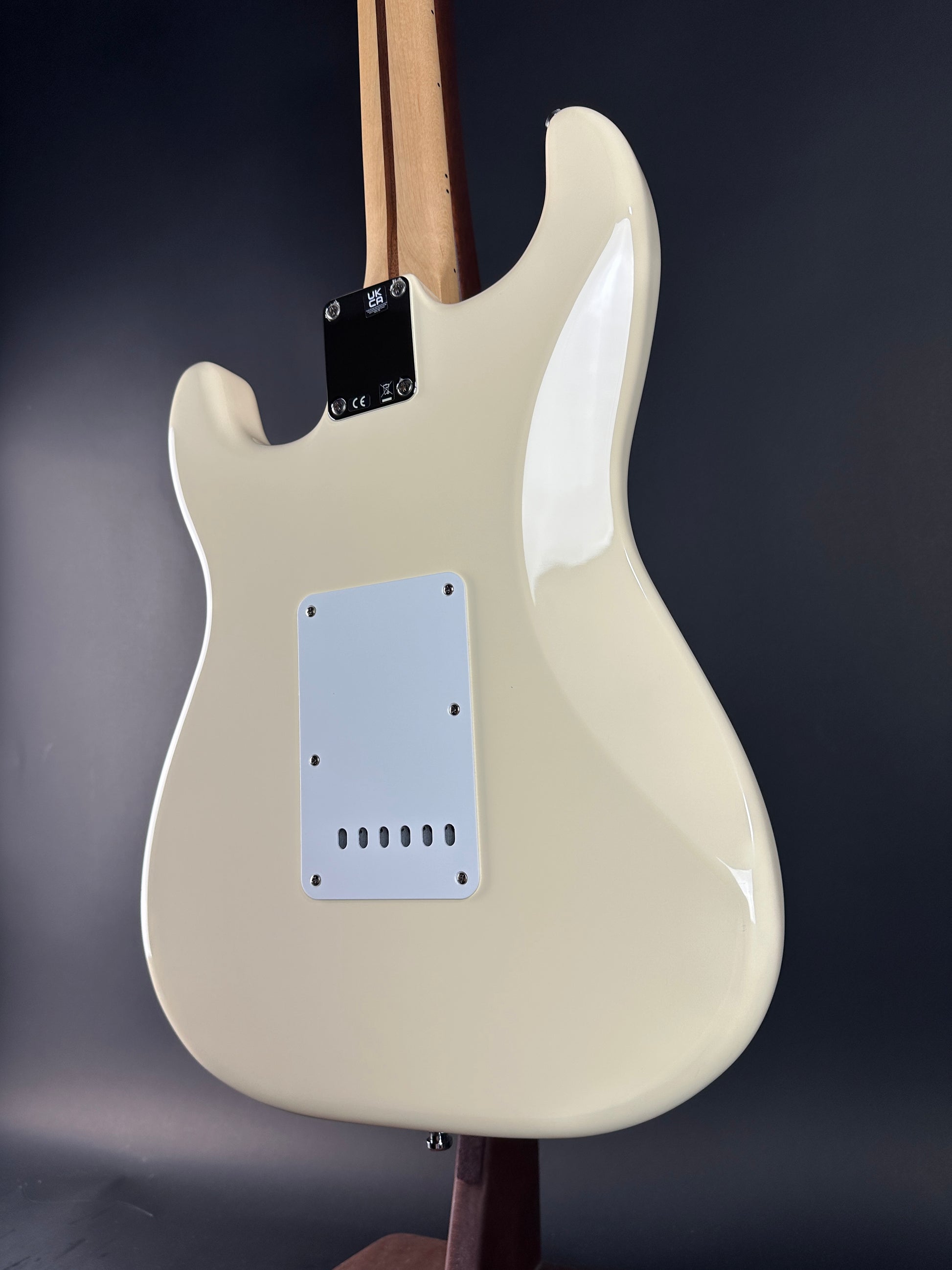 Back angle of Used Fender Jimmy Vaughan Strat White.