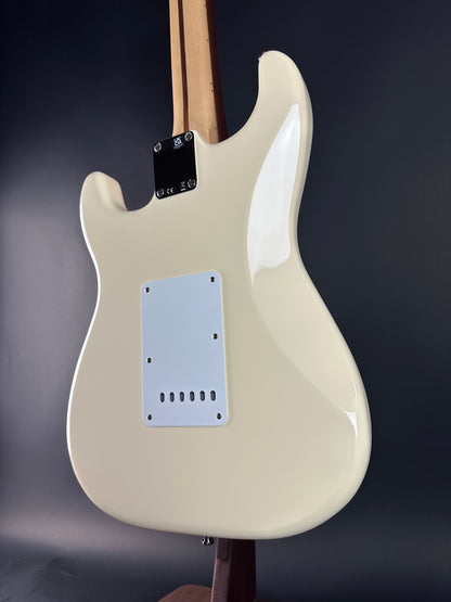 Back angle of Used Fender Jimmy Vaughan Strat White.