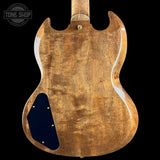 The back of an electric guitar with a glossy natural wood finish, featuring a dark blue pickguard and a white gloss edge trim, shown against a solid black background.
