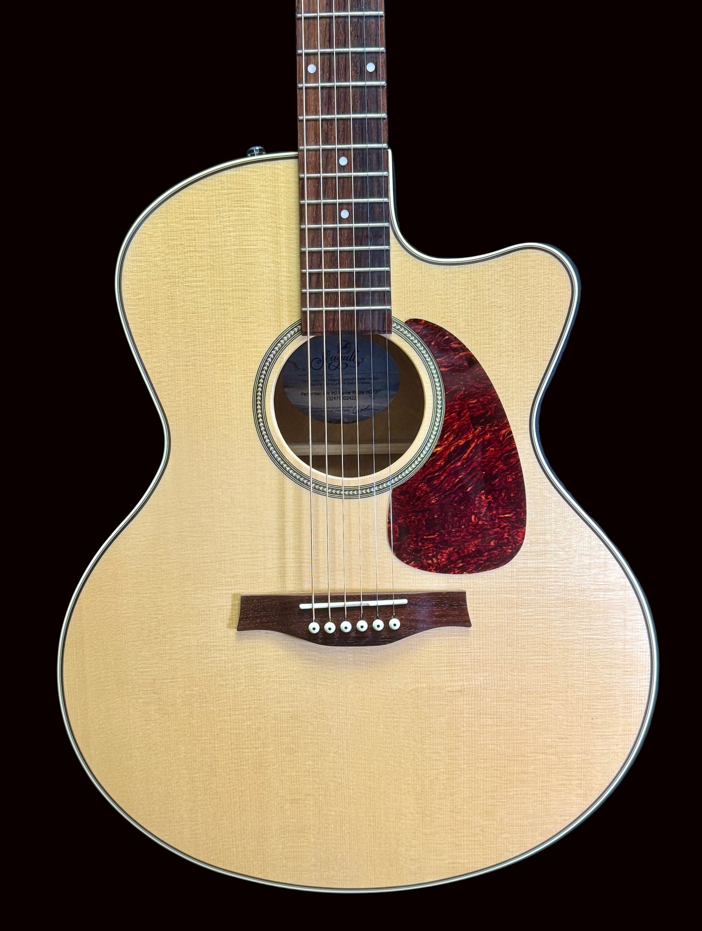 Acoustic guitar with a natural finish on a dark blue background