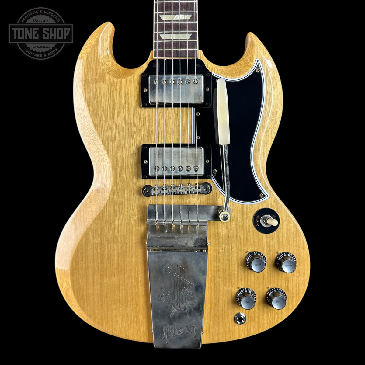 Front of Gibson Custom Limited 64 SG Standard Korina Antique Natural Maestro Vibrola VOS.