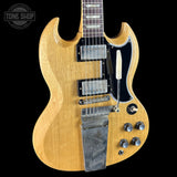 Front angle of Gibson Custom Limited 64 SG Standard Korina Antique Natural Maestro Vibrola VOS.