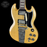 Front angle of Gibson Custom Limited 64 SG Standard Korina Antique Natural Maestro Vibrola VOS.