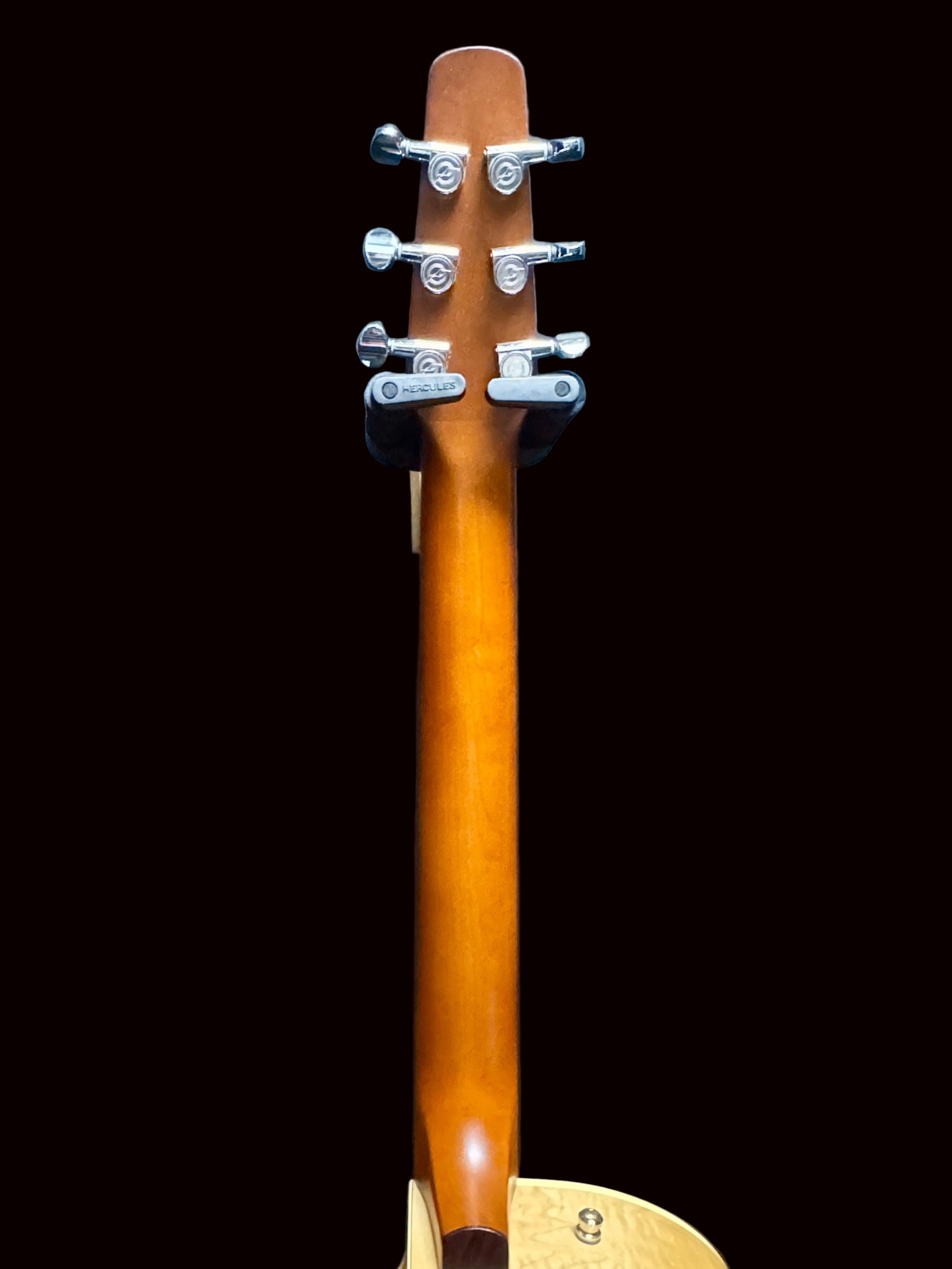 Guitar neck with tuning pegs against a dark blue background