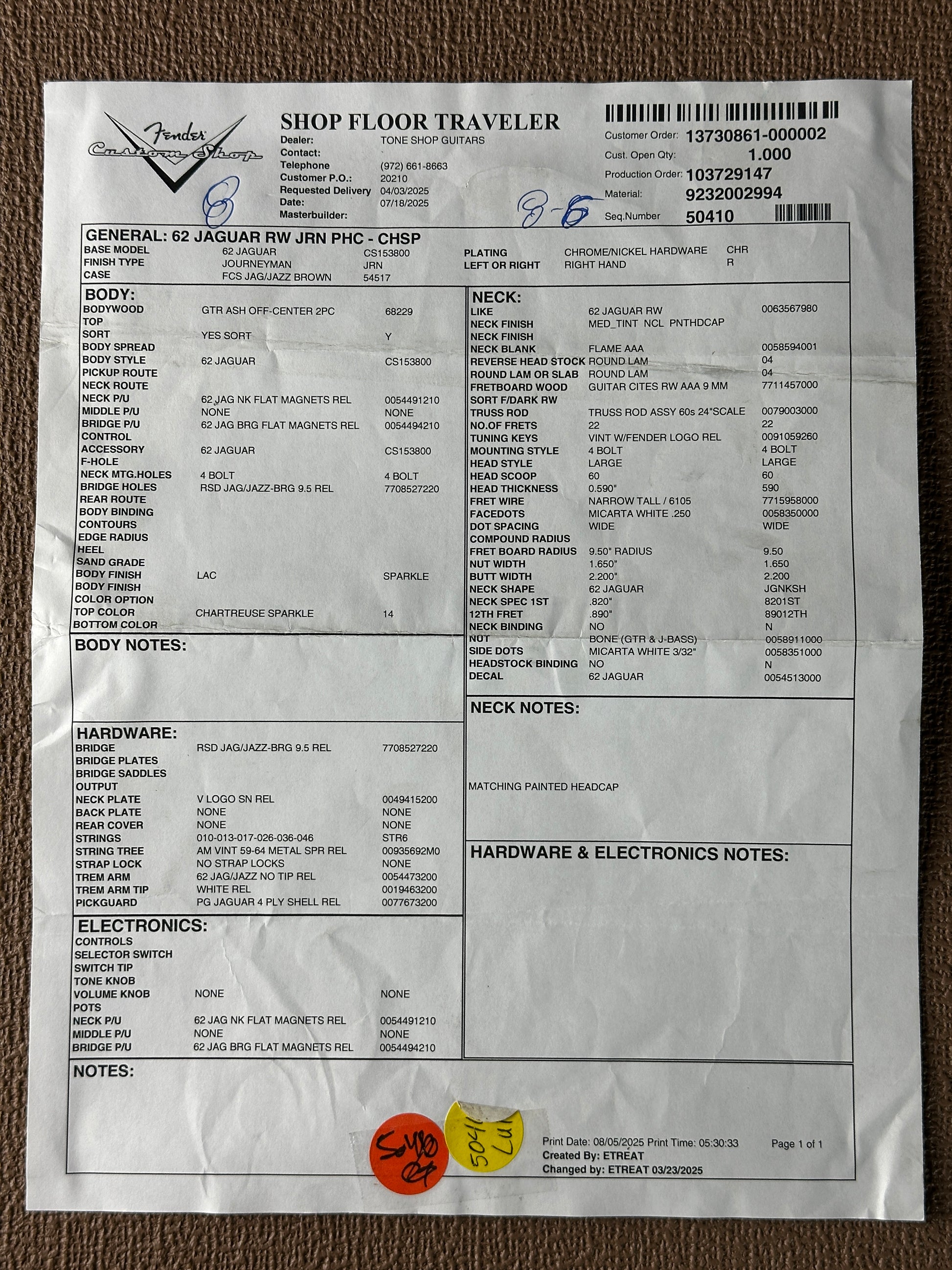 Spec sheet for Fender Custom Shop 1962 Jaguar Journeyman Relic PHC CHSP.