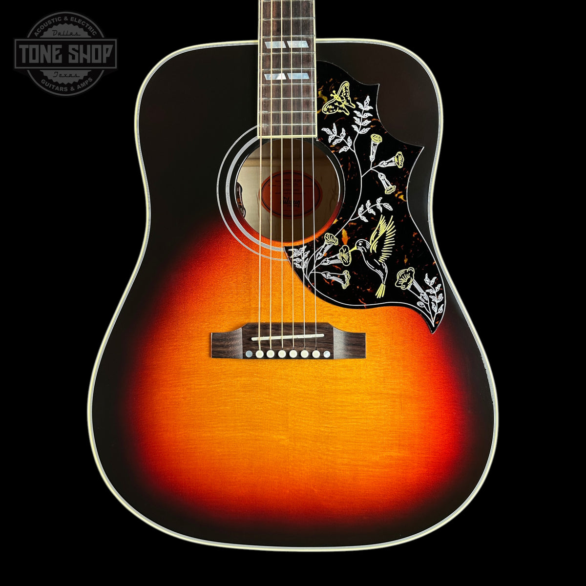 Front of Gibson Custom Made 2 Measure Hummingbird Maple Long Scale Tri-burst LR Baggs VTC.