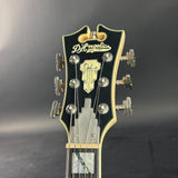 Guitar headstock with D'Angelico logo on a dark background