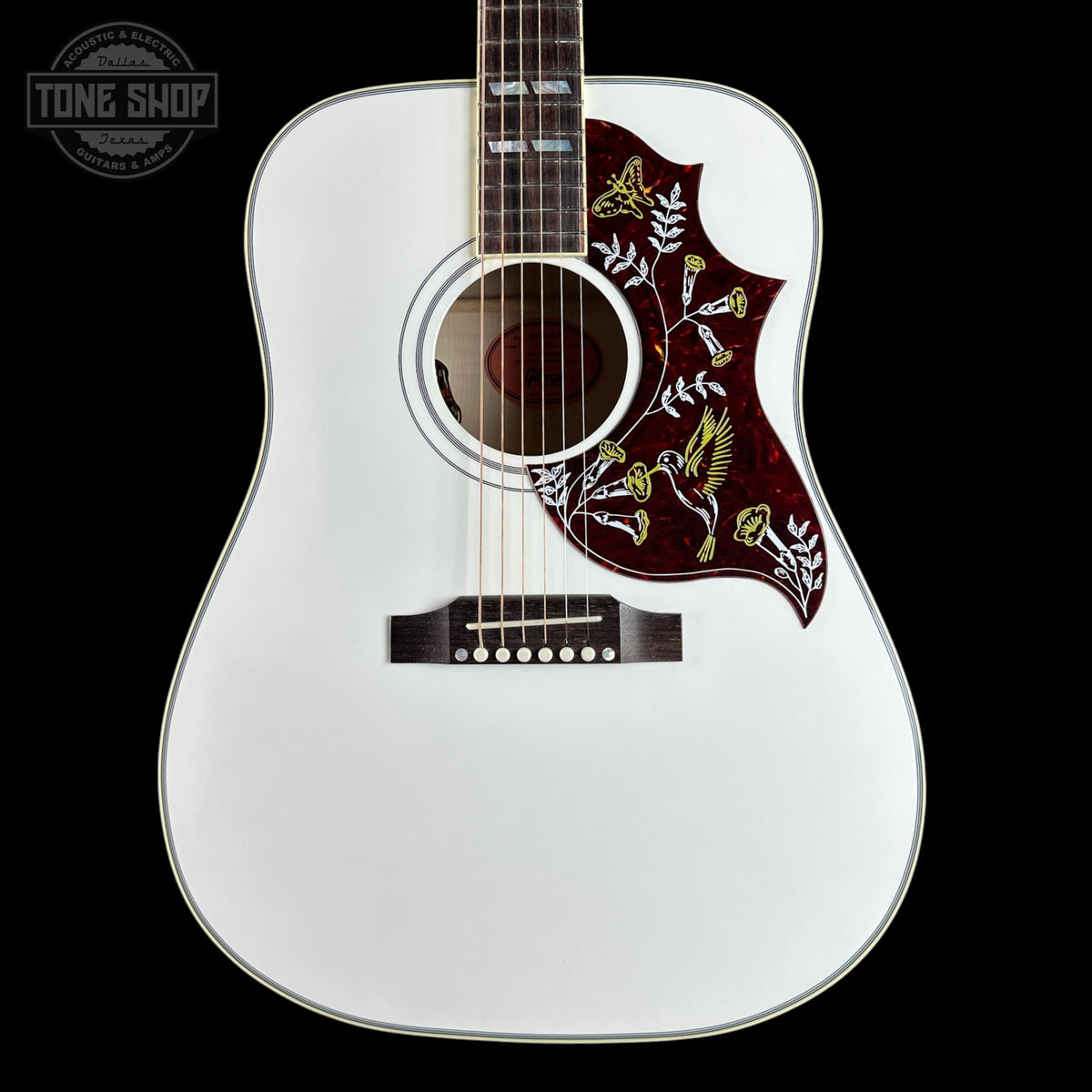 Front of Gibson Custom Made 2 Measure Hummingbird Maple Alpine White LR Baggs VTC.
