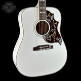 Front angle of Gibson Custom Made 2 Measure Hummingbird Maple Alpine White LR Baggs VTC.