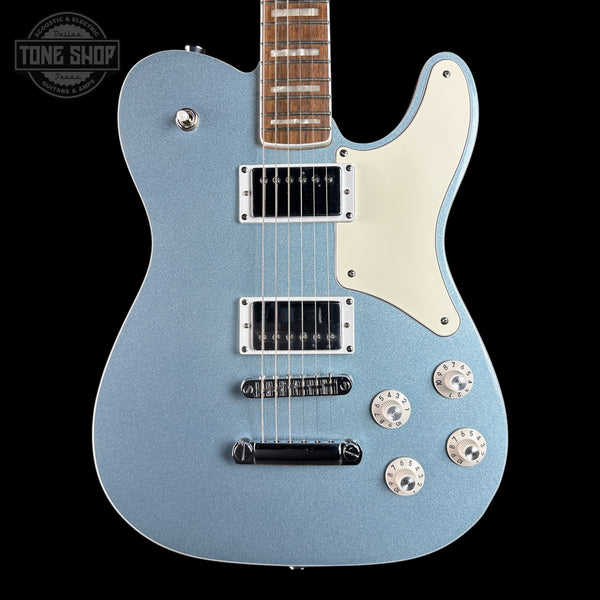 Front of Used 2024 Squier Limited Edition Paranormal Troublemaker Telecaster Deluxe Ice Blue Metallic.