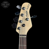Headstock of Used Sterling Stingray 5 Blue.