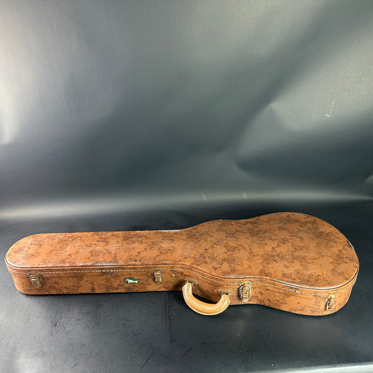 Brown guitar case on a black background