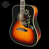Front angle of Gibson Custom Made 2 Measure Hummingbird Maple Long Scale Tri-burst LR Baggs VTC.