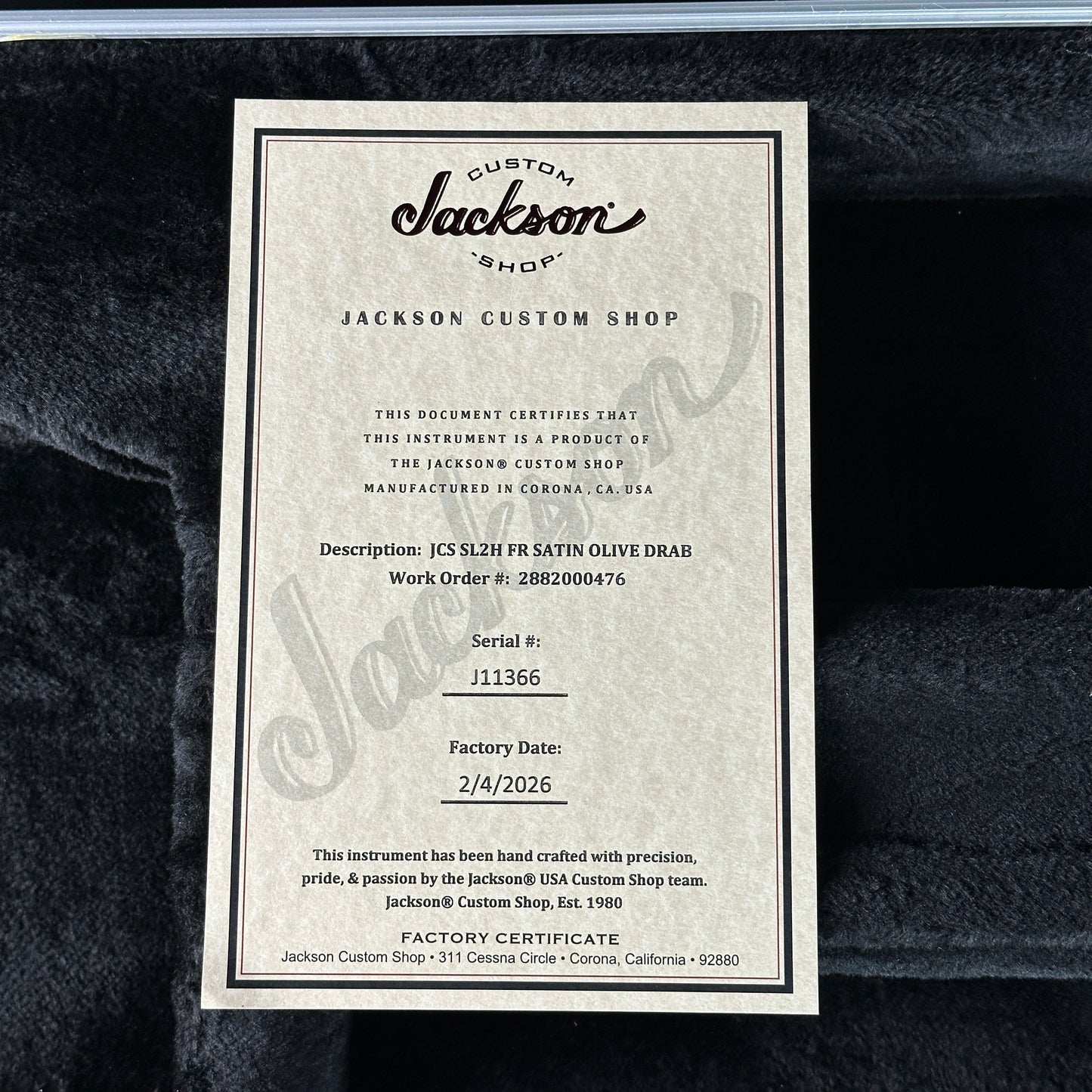 Jackson Custom Shop certificate on a black background
