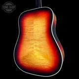 Back angle of Gibson Custom Made 2 Measure Hummingbird Maple Long Scale Tri-burst LR Baggs VTC.