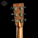 Back of headstock of Martin Custom Shop  28/45 Style Dread Adirondack/Wild Grain East Indian Rosewood Ambertone.