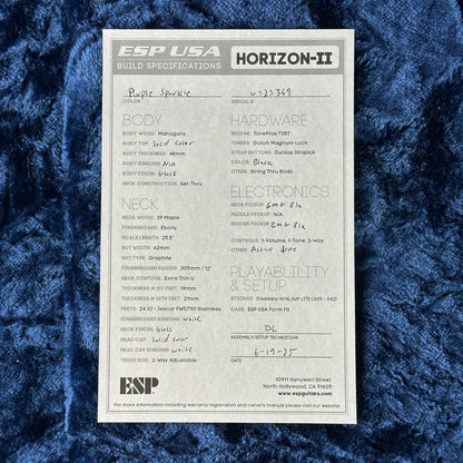 ESP USA Horizon-II guitar build specifications sheet on a textured blue surface