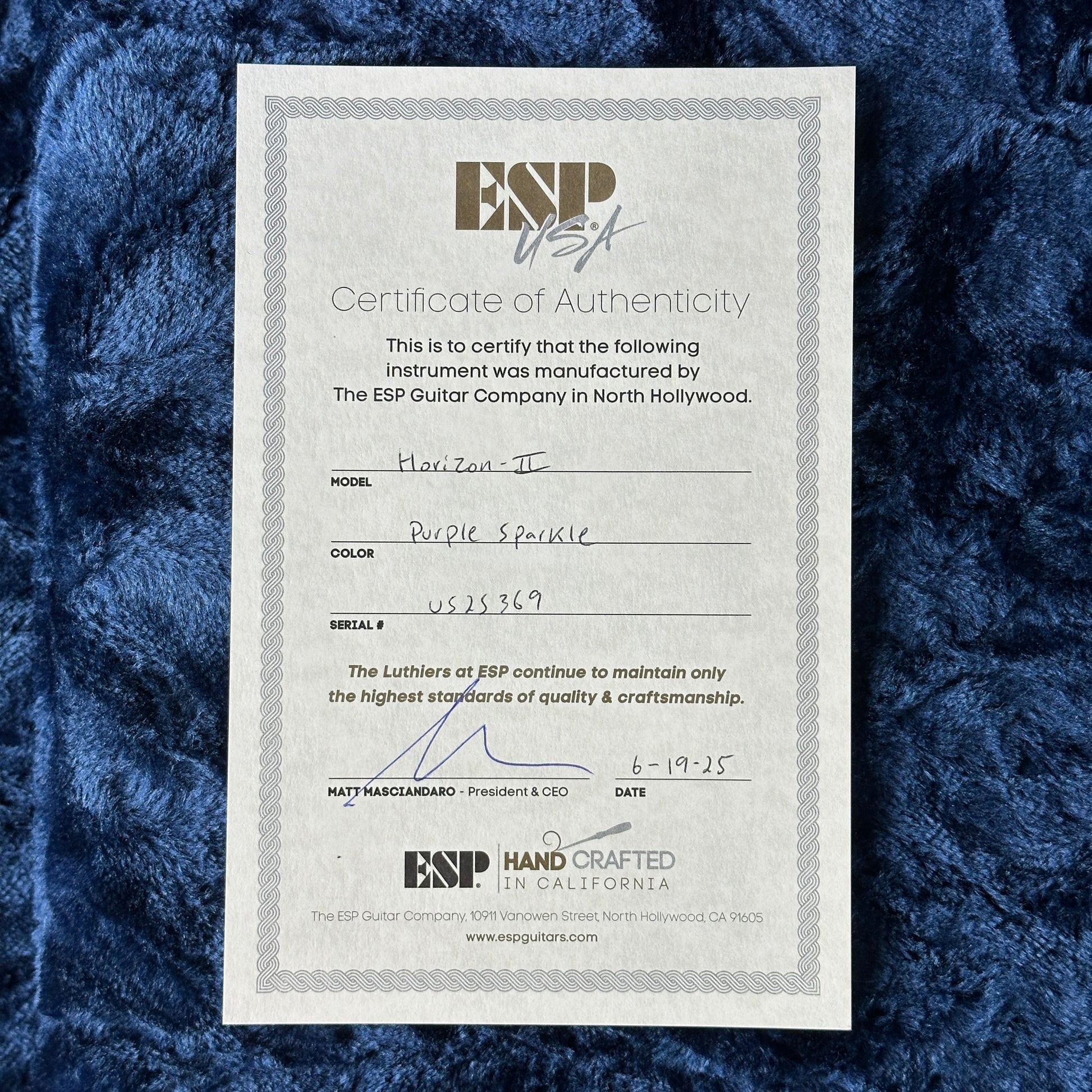Certificate of Authenticity for an ESP guitar on a textured blue surface