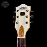 Headstock of Used 2024 Gretsch Electromatic Chris Rocha Broadcaster JR Center Block Vintage White.