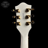 Back of headstock of Used 2024 Gretsch Electromatic Chris Rocha Broadcaster JR Center Block Vintage White.