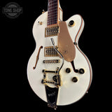 Front angle of Used 2024 Gretsch Electromatic Chris Rocha Broadcaster JR Center Block Vintage White.