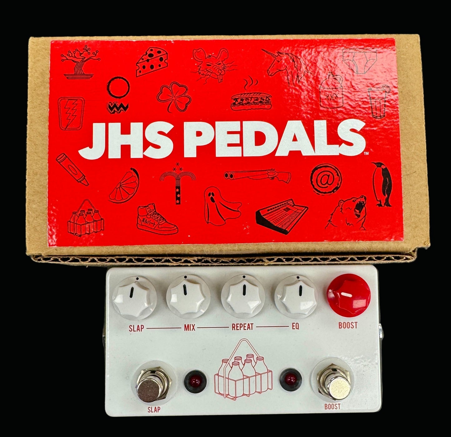JHS Pedals guitar effects pedal with red and brown box on a gray background