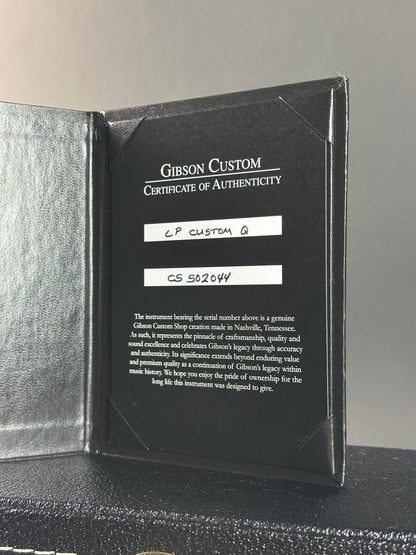 Certificate of authenticity for Gibson Custom Shop TSG Anniversary Les Paul Custom Chambered 7A Quilt Cobra.