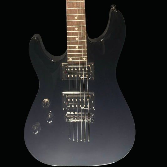 Black electric guitar on a gray background