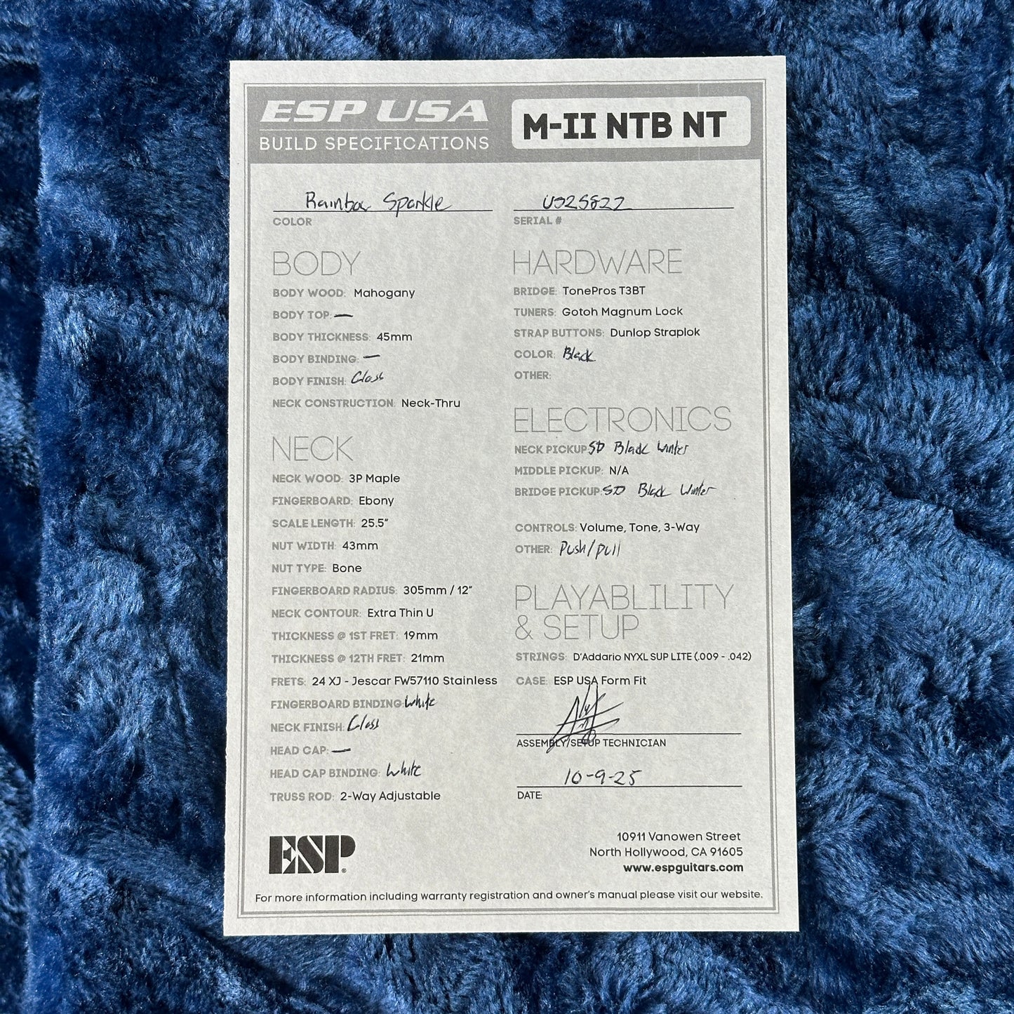 ESP USA guitar build specifications sheet on a blue textured background
