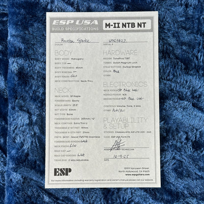 ESP USA guitar build specifications sheet on a blue textured background